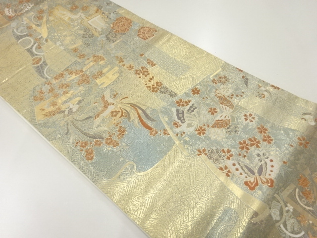 JAPANESE KIMONO / VINTAGE FUKURO OBI / WOVEN CARRIAGE & FLOWER WITH BUTTERFLY